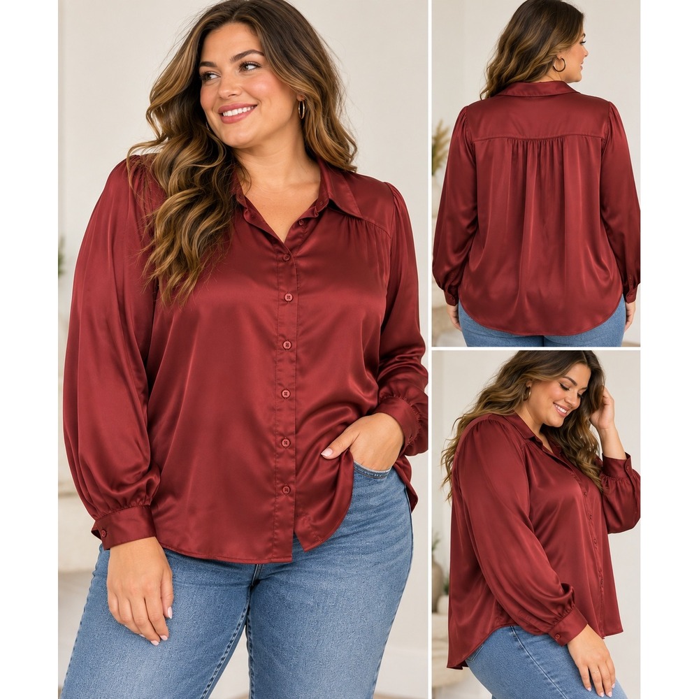 Torrid Size 2 2X Rust Terracotta Satin Button Down Shirt Long Sleeve Blouse